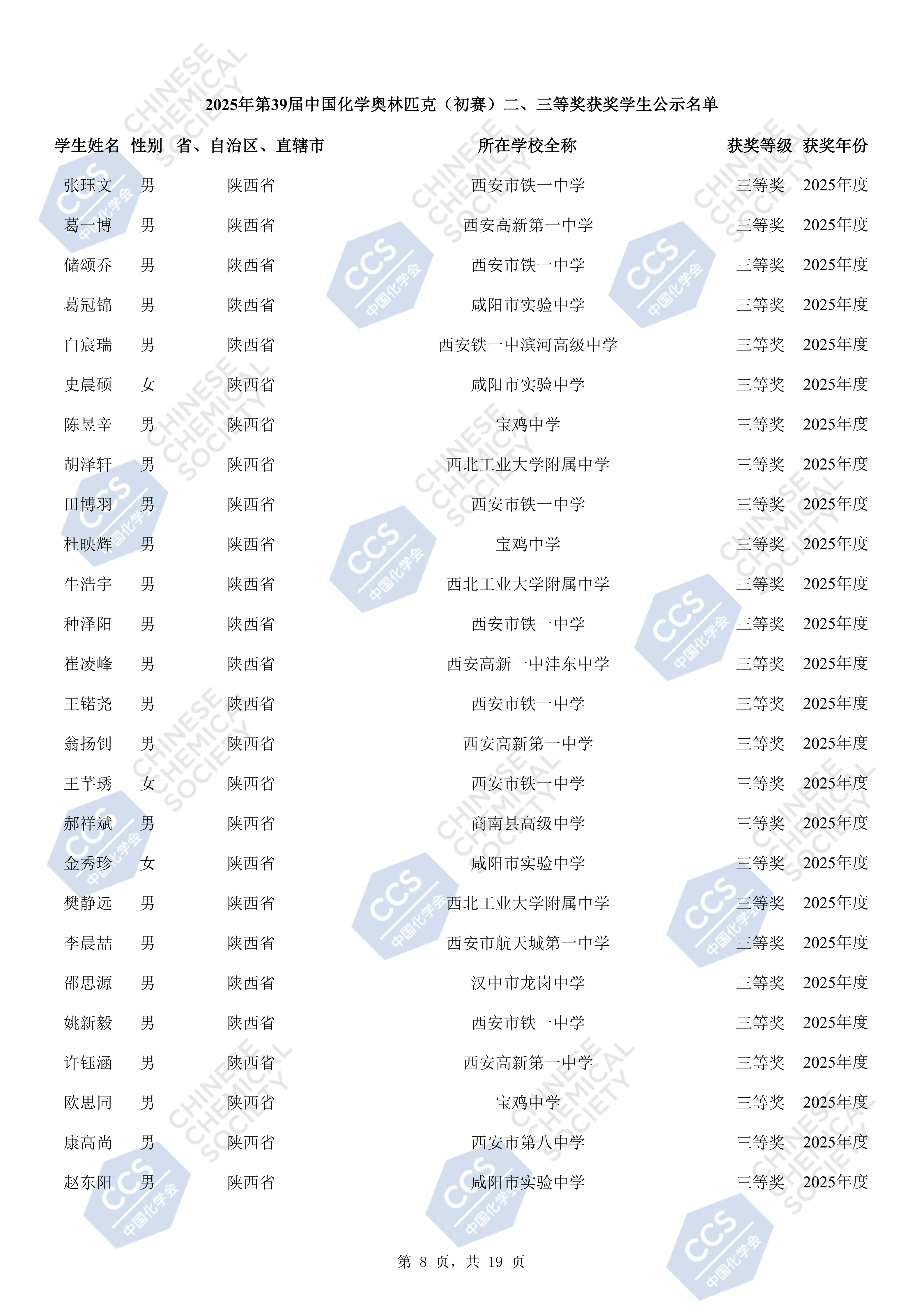 陕西省2025年地39届全国中学生化学竞赛初赛省三获奖名单